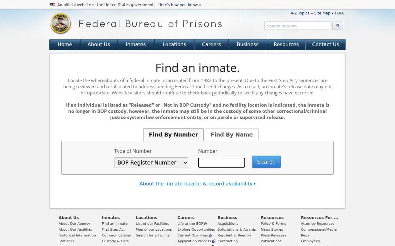 Daggett County federal arrest custody search through the BOP inmate locator