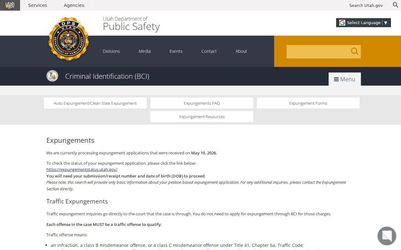 Utah BCI expungement process for Daggett County records