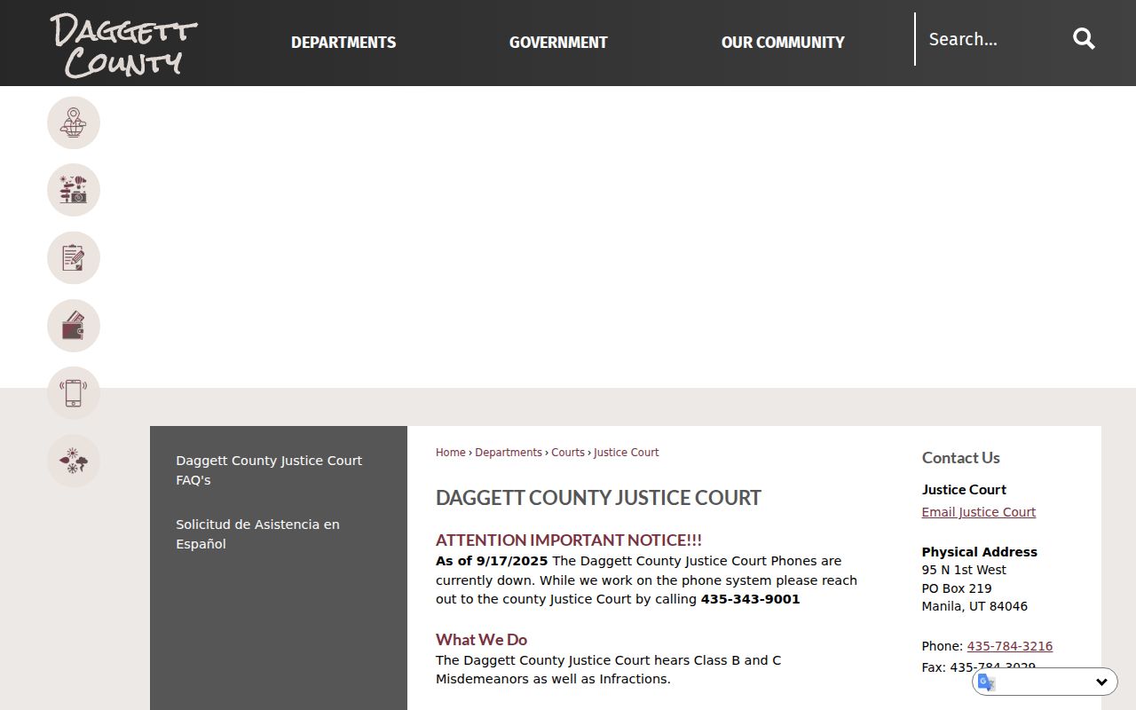Daggett County Justice Court page for Manila criminal records